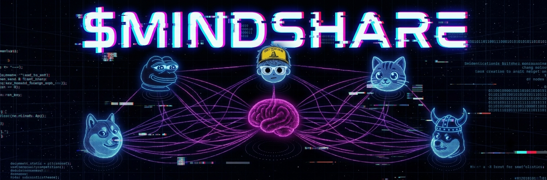 $MINDSHARE neon banner with meme mascots wired to a glowing brain